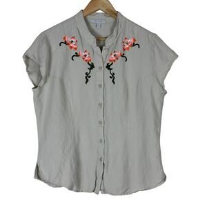 Bogari Button Down Top Womens L Cream Linen Floral Embroidered Boho Southwestern